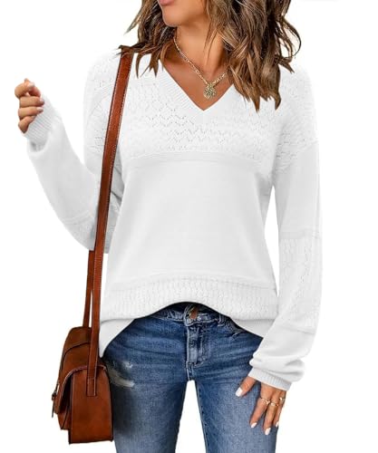 GRMLRPT Pullover Damen Strickpullover Colorblock Langarm V-Ausschnitt Sweatshirt Herbst Winter Langarmshirt Basic(Weiß,L) von GRMLRPT