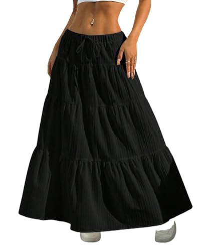 GRMLRPT Rock Damen Lang Hohe Taille Röcke Elegant Maxirock A-Linie Elastischer Schichtung Midi Freizeitrock Einfarbig Rock(Schwarz,S) von GRMLRPT
