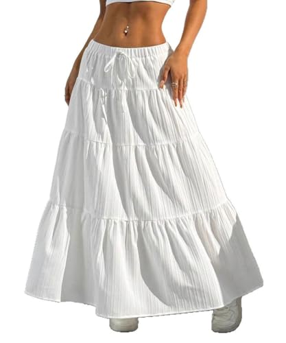 GRMLRPT Rock Damen Lang Hohe Taille Röcke Elegant Maxirock A-Linie Elastischer Schichtung Midi Freizeitrock Einfarbig Rock(Weiß,L) von GRMLRPT