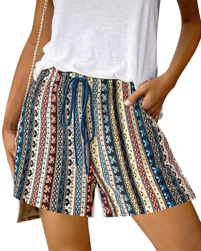 GRMLRPT Shorts Damen Sommer High Waist Boho Elastische Taille Lässig Elegant Kurze Hose Hosen mit Taschen(Blau,M) von GRMLRPT