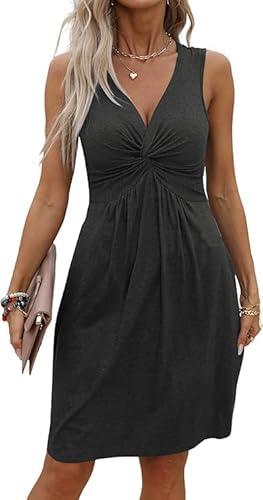 GRMLRPT Sommerkleid Ärmellos für Damen V-Ausschnitt Freizeitkleid Kurz Strandkleid Elegant Luftig Leicht Schöne Dress Kleid Basic(Schwarz-2,M) von GRMLRPT