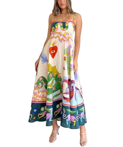 GRMLRPT Sommerkleid Damen Lang Maxikleid Sommer A-line Retro Kleid Elegant Spaghettiträger Freizeitkleid Casual Strandkleider(Blau,M) von GRMLRPT