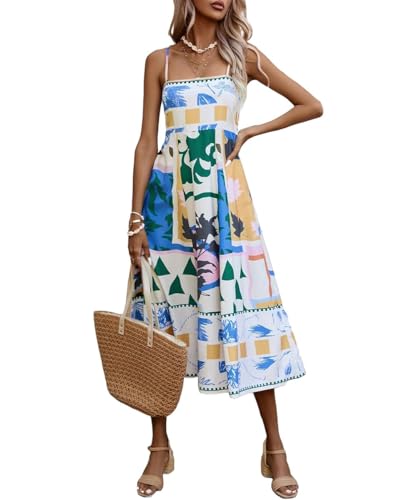 GRMLRPT Sommerkleid Damen Lang Maxikleid Sommer A-line Retro Kleid Elegant Spaghettiträger Freizeitkleid Casual Strandkleider(Blau-A,S) von GRMLRPT
