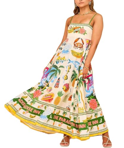 GRMLRPT Sommerkleid Damen Lang Maxikleid Sommer A-line Retro Kleid Elegant Spaghettiträger Freizeitkleid Casual Strandkleider(Gelb,M) von GRMLRPT