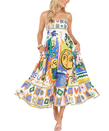 GRMLRPT Sommerkleid Damen Lang Maxikleid Sommer A-line Retro Kleid Elegant Spaghettiträger Freizeitkleid Casual Strandkleider(Gelb-A,S) von GRMLRPT