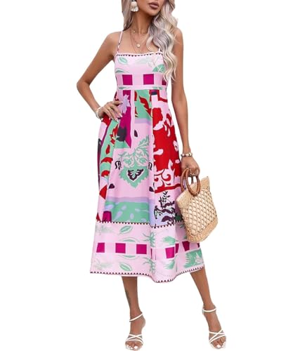 GRMLRPT Sommerkleid Damen Lang Maxikleid Sommer A-line Retro Kleid Elegant Spaghettiträger Freizeitkleid Casual Strandkleider(Rosa,M) von GRMLRPT