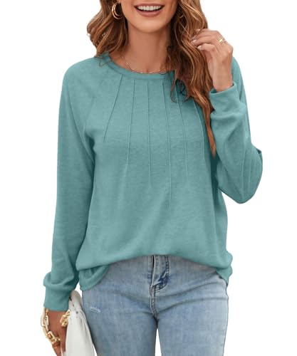 GRMLRPT T-Shirt Damen Langarm Langärmelige Damenhemden Plissierte Mode Oberteile Lose Schick Lässig Blusen Basic Trendige Kleidung 2025(Grün,S) von GRMLRPT