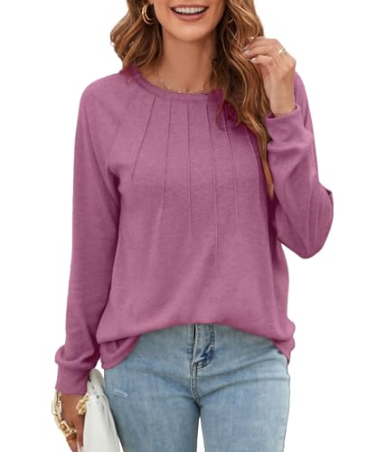 GRMLRPT T-Shirt Damen Langarm Langärmelige Damenhemden Plissierte Mode Oberteile Lose Schick Lässig Blusen Basic Trendige Kleidung 2025(Rot,L) von GRMLRPT