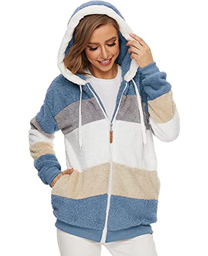 GRMLRPT Teddy Fleecejacke mit Kapuze Plüschjacke Damen Kapuzenjacke Fellmantel Fleece Jacke mit Reißverschluss Lässige Jacken Mantel Wintermantel Oberteile mit Taschen(M,Blau) von GRMLRPT