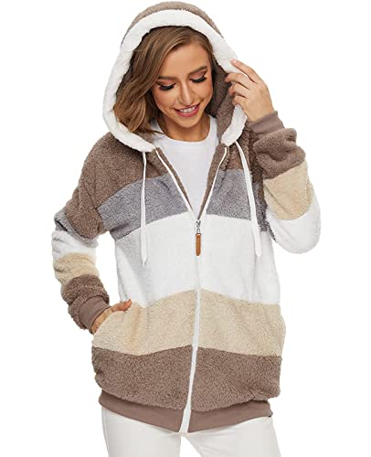 GRMLRPT Teddy Fleecejacke mit Kapuze Plüschjacke Damen Kapuzenjacke Fellmantel Fleece Jacke mit Reißverschluss Lässige Jacken Mantel Wintermantel Oberteile mit Taschen(XXL,Khaki) von GRMLRPT