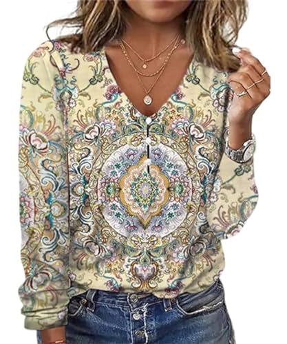 GRMLRPT Langarmshirts Damen Tops Langarm Frühlingblusen V-Ausschnitt T-Shirts Tunika Oberteile Bedruckte Bluse Elegant Lässige Hemd (Gelb,L) von GRMLRPT
