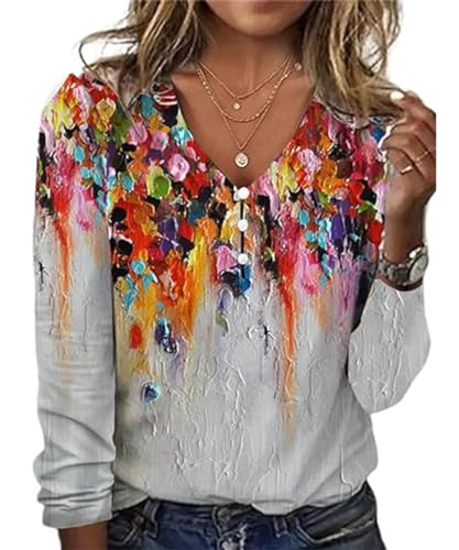 GRMLRPT Langarmshirts Damen Tops Langarm Frühlingblusen V-Ausschnitt T-Shirts Tunika Oberteile Bedruckte Bluse Elegant Lässige Hemd (Grau,L) von GRMLRPT