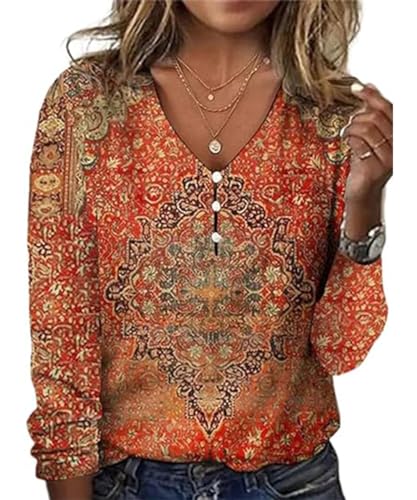 GRMLRPT Langarmshirts Damen Tops Langarm Frühlingblusen V-Ausschnitt T-Shirts Tunika Oberteile Bedruckte Bluse Elegant Lässige Hemd (Orange,XL) von GRMLRPT