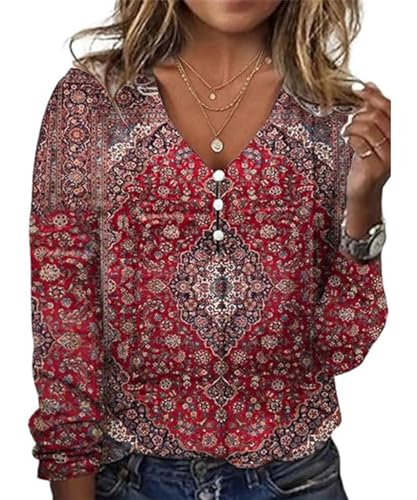 GRMLRPT Langarmshirts Damen Tops Langarm Frühlingblusen V-Ausschnitt T-Shirts Tunika Oberteile Bedruckte Bluse Elegant Lässige Hemd (Rot,XXL) von GRMLRPT