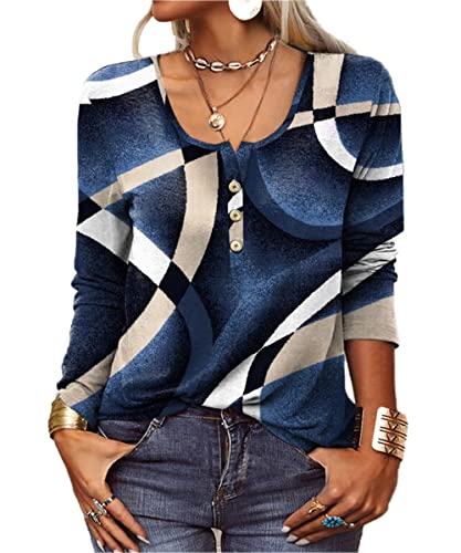 GRMLRPT Tops Damen Langarm Rundhal Tshirts Tunika Oberteile Bedruckte Bluse Damen Elegant Lässige Hemd Knopfleiste (Blau,S) von GRMLRPT