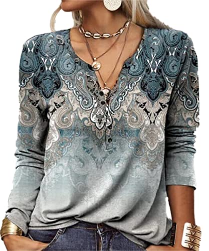GRMLRPT Tops Damen Langarm Rundhal Tshirts Tunika Oberteile Bedruckte Bluse Damen Elegant Lässige Hemd Knopfleiste (Blau-U,S) von GRMLRPT