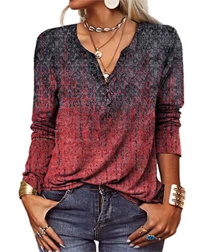 GRMLRPT Tops Damen Langarm Rundhal Tshirts Tunika Oberteile Bedruckte Bluse Damen Elegant Lässige Hemd Knopfleiste (Rot,S) von GRMLRPT