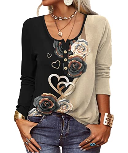 GRMLRPT Tops Damen Langarm Rundhal Tshirts Tunika Oberteile Bedruckte Bluse Damen Elegant Lässige Hemd Knopfleiste (Schwarz,L) von GRMLRPT