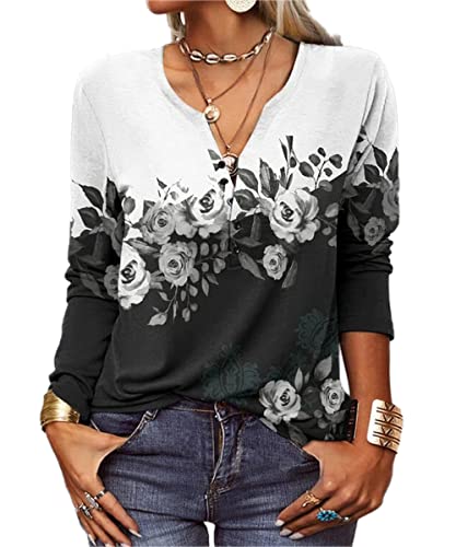 GRMLRPT Tops Damen Langarm Rundhal Tshirts Tunika Oberteile Bedruckte Bluse Damen Elegant Lässige Hemd Knopfleiste (Schwarz-U,M) von GRMLRPT