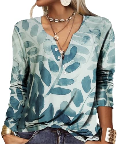 GRMLRPT Tops Damen Langarm Rundhal Tshirts Tunika Oberteile Bedruckte Bluse Damen Elegant Lässige Hemd Knopfleiste (Style-A,XL) von GRMLRPT