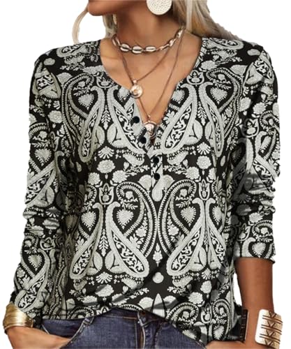 GRMLRPT Tops Damen Langarm Rundhal Tshirts Tunika Oberteile Bedruckte Bluse Damen Elegant Lässige Hemd Knopfleiste (Style-B,S) von GRMLRPT