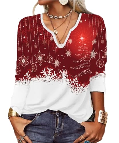 GRMLRPT Tops Damen Langarm Rundhal Tshirts Tunika Oberteile Bedruckte Bluse Damen Elegant Lässige Hemd Knopfleiste Weihnachten (Rot,S) von GRMLRPT