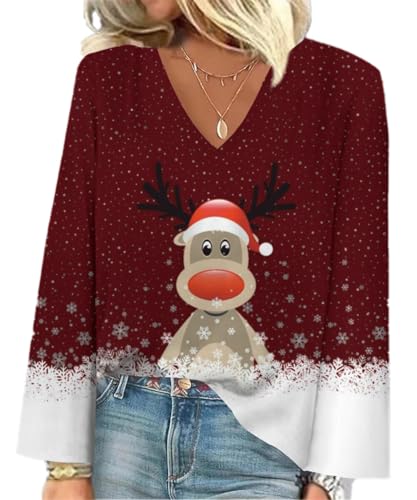 GRMLRPT Tops Damen Langarm Weihnachtliche Oberteile V-Ausschnitt T-Shirts Tunika Oberteile Bedruckte Bluse Damen Elegant Lässige Hemd Langarmshirts für Damen(J-Rot,XL) von GRMLRPT