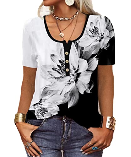 GRMLRPT Tops für Damen Kurzarm Rundhal T-Shirts Tunika Oberteile Bedruckte Blusen für Mädchen Elegant Lässige Hemd Knopfleiste(Schwarz-Kurzarm,L) von GRMLRPT
