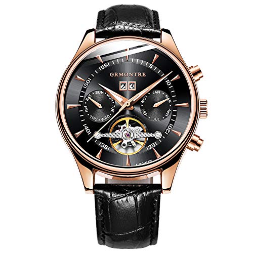GRMONTRE Luxus-Uhren für Herren, Skelett, mechanische Uhren, automatische wasserdichte Uhr, Herren-Armbanduhren, Lederuhr, Roségold Schwarz, Mechanisch GRMONTRE Luxus-Uhren für Herren, Skelett, mechanische Uhren, automatische wasserdichte Uhr, Herren-Armbanduhren, Lederuhr, Roségold Schwarz, Mechanisch von Grmontre