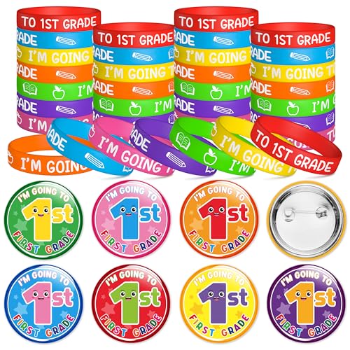 GROBRO7 Abschlussgeschenk Set mit 28 Blechabzeichen und 28 Silikon Armbändern, Perfekt für Kindergarten Abschied, Zurück zur Schule Zubehör für Abschlussfeier (Vorschule zur 1. Klasse) von GROBRO7
