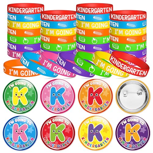 GROBRO7 Abschlussgeschenk Set mit 28 Blechabzeichen und 28 Silikon Armbändern, Perfekt für Kindergarten Abschied, Zurück zur Schule Zubehör für Abschlussfeier (Vorschule zur Kindergarten) von GROBRO7