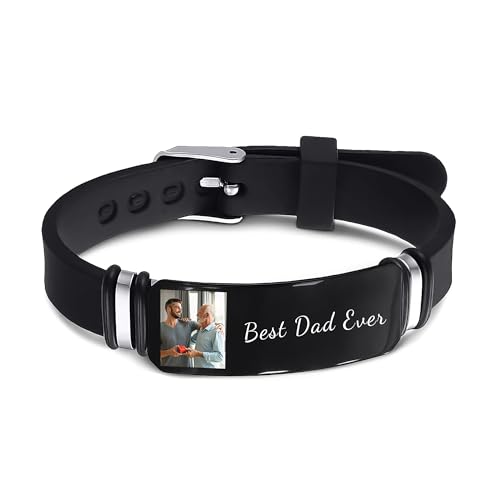 GROBTE Personalisierte Armbänder Mit Bild, Edelstahl Graviert Foto & Text Name Armband Für Männer, Benutzerdefinierte Lederschmuck Geschenke Für Freund Ehemann Bruder Papa von GROBTE