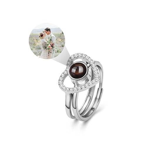 GROBTE Personalisierte Foto Projektion Ring Mit Ich Liebe Dich 100 Sprachen, 925 Silber Einstellbar Ring Angepasst Schmuck Geschenk Für Frau Mutter Liebhaber von GROBTE