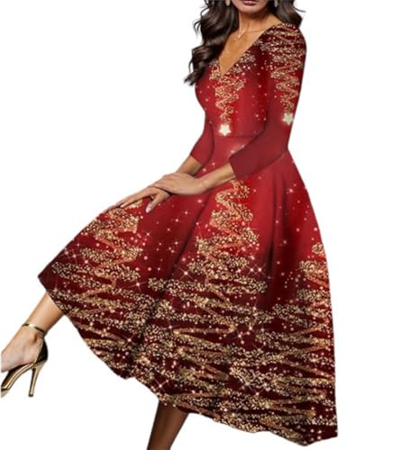 GROBTE Weihnachtskleider Für Frauen Halbarm V-Ausschnitt Vintage Print Flared Cocktail Weihnachten Urlaub Party Maxikleid von GROBTE