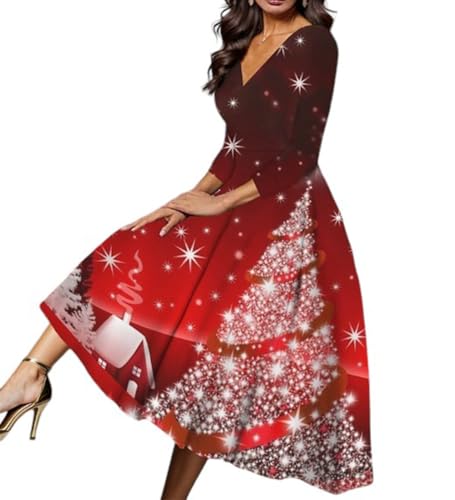 GROBTE Weihnachtskleider Für Frauen Halbarm V-Ausschnitt Vintage Print Flared Cocktail Weihnachten Urlaub Party Maxikleid von GROBTE