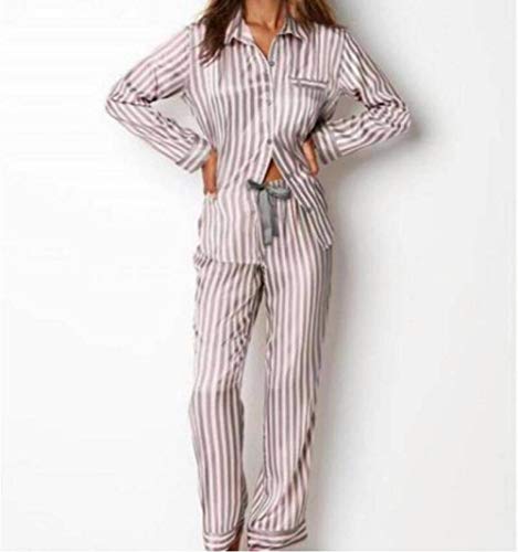 GROPC Valentinstag Pyjama Schlafanzug Damen Lang,Silk Silky Satin Women Streifen Langarm Set Pyjama 2 Pces Sommer Loungewear Pyjama Set Homewear von BINYATUO