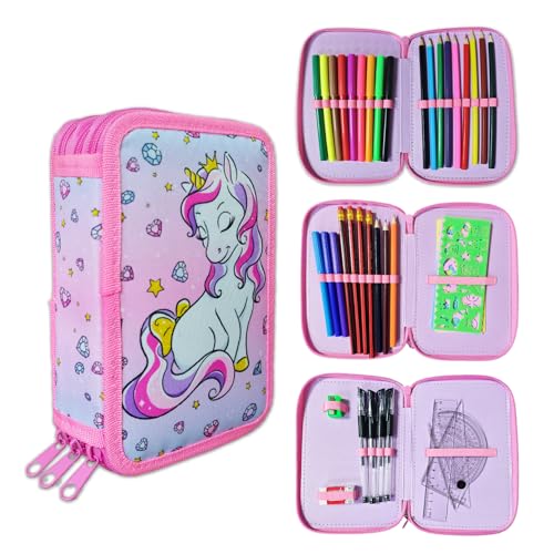 GROVBLE Federmappe Mädchen,Federmäppchen 3 Fächer,Mäppchen Mädchen,federmäppchen mit Inhalt,Schulmäppchen mädchen mit Groß,Federtasche,Federmäppchen Einhorn mit Schreibwaren,für Schüler von GROVBLE