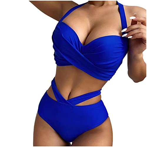 GROWBY Push-Up-Bikini-Badeanzüge Mit Hoher Taille Verdrehte Badebekleidung Damen Halfter-Badeanzug Ausgeschnittene Strandbekleidung,Königsblau,M von GROWBY