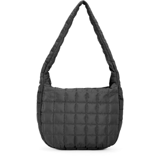 Damen Gesteppte Schultertasche Gepolsterte Tote Bag Große Kapazität Hobo Geldbörse Leicht Nylon Polsterung Handtasche, Schwarz, Large von GRPKSSIB
