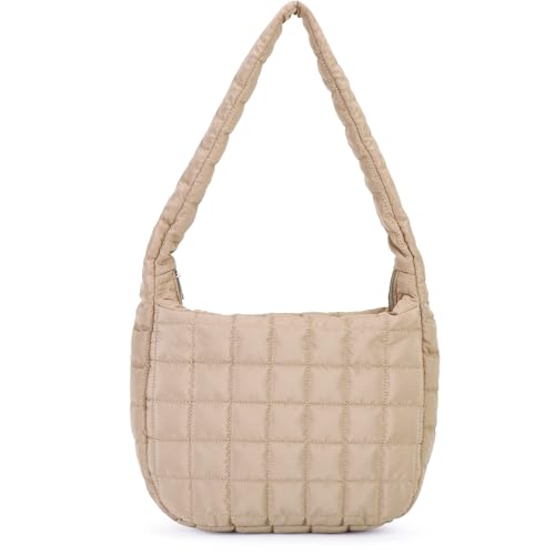 GRPKSSIB Damen Puffer Bag Gesteppte Schultertasche Leichte Nylon Tote Bag Puffy Crossbody Tasche Große Kapazität Hobo Geldbörse Handtasche, Khaki, Large von GRPKSSIB