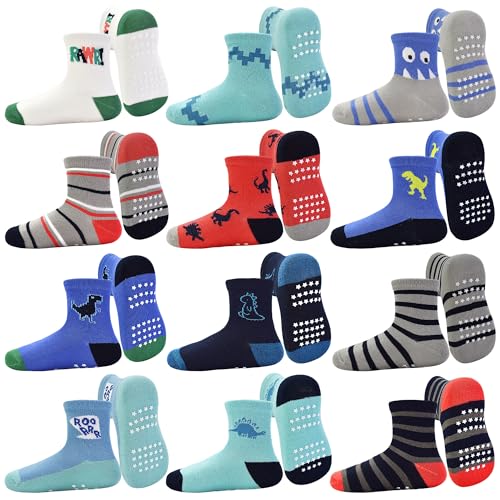 GRPSKCOS Antirutschsocken Kinder Stoppersocken Kinder 12 Paar Rutschfeste Socken ABS Socken für Jungen Mädchen（#2 Dinosaurier 1-3 Jahre） von GRPSKCOS