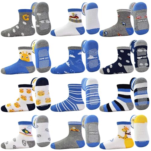 GRPSKCOS Antirutschsocken Kinder Stoppersocken Kinder 12 Paar Rutschfeste Socken ABS Socken für Jungen Mädchen（#3 Giraffen 1-3 Jahre） von GRPSKCOS
