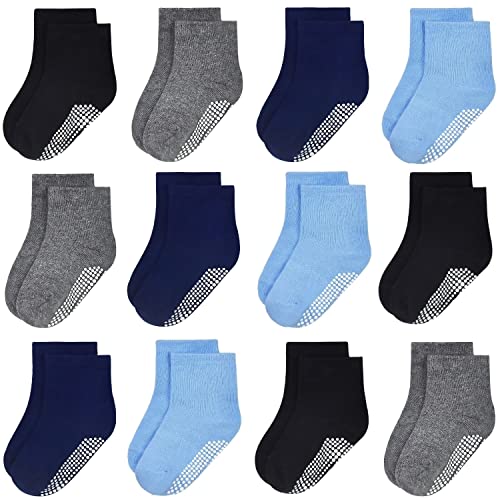 GRPSKCOS Baby Kinder Socken ABS Rutschfeste Kleinkind Socken 12 Paar Kinder Stoppersocken für 0-10 Jahre Jungen Mädchen Anti Rutsch Socken (1-3 Jahre, 4 Schwarz/Grau/Blau/Marine - 12 Paar) von GRPSKCOS