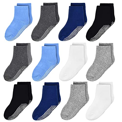 GRPSKCOS Baby Kinder Socken ABS Rutschfeste Kleinkind Socken 12 Paar Kinder Stoppersocken für 0-10 Jahre Jungen Mädchen Anti Rutsch Socken (6-12 Monate, 1 Jungen Multicolor-12 Paar) von GRPSKCOS