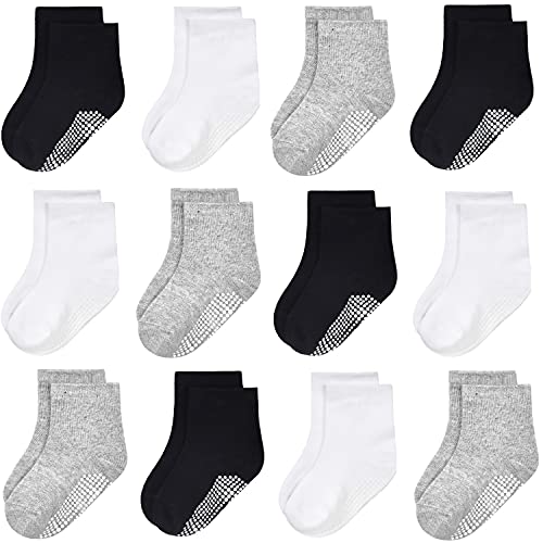 GRPSKCOS Baby Kinder Socken ABS Rutschfeste Kleinkind Socken 12 Paar Kinder Stoppersocken für 0-10 Jahre Jungen Mädchen Anti Rutsch Socken (1-3 Jahre, 2 Weiß/Grau/Schwarz-12 Paar) von GRPSKCOS