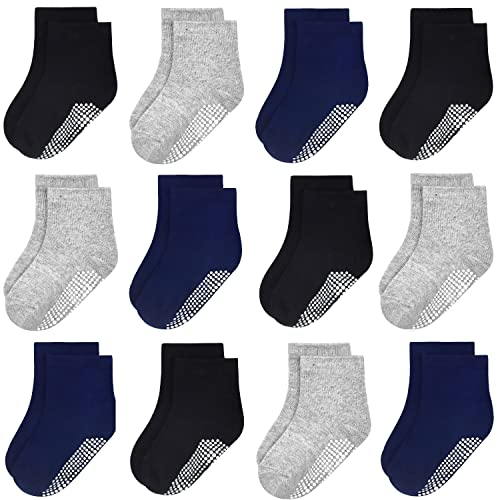 GRPSKCOS Baby Kinder Socken ABS Rutschfeste Kleinkind Socken 12 Paar Kinder Stoppersocken für 0-10 Jahre Jungen Mädchen Anti Rutsch Socken (3-5 Jahre, 5 Schwarz/Hellgrau/Marine - 12 Paar) von GRPSKCOS