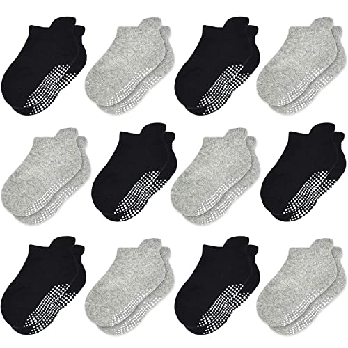 GRPSKCOS Kinder Baby Stopper Socken 12 Paar ABS Rutschfeste Kleinkind Socken für Kinder Jungen Mädchen für 0-7 Jahre Kinder Anti Rutsch Socken (1-3 Jahre, 5 Schwarz/Grau -12 Paar) von GRPSKCOS