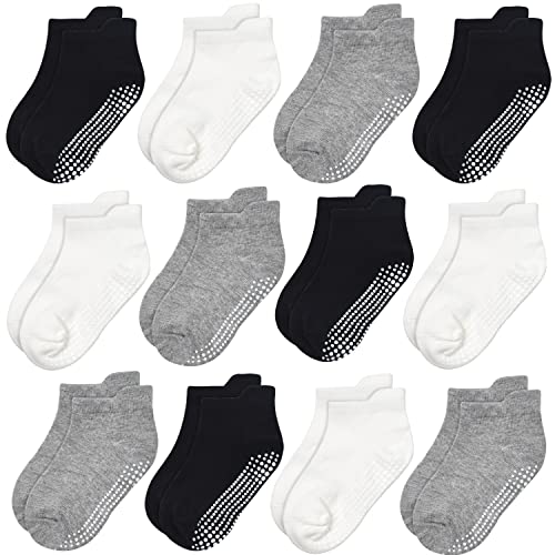 GRPSKCOS Kinder Baby Stopper Socken 12 Paar ABS Rutschfeste Kleinkind Socken für Kinder Jungen Mädchen für 0-7 Jahre Kinder Anti Rutsch Socken (3-5 Jahre, 3 Weiß/Grau/Schwarz-12 Paar) von GRPSKCOS