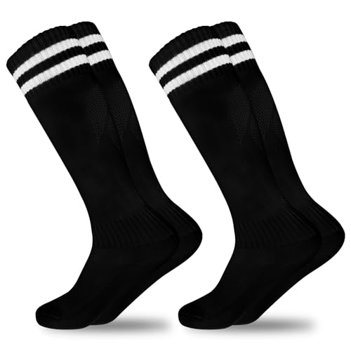 GRPSKCOS Fußball Socken Kinder, 2 Paar Fußball Stutzen Kinder Sport Jungen Mädchen Fussball Socken Kniestrümpfe Kleinkind Streifen Schule Uniform Strümpfe（#3 Schwarz，6-12 Jahre von GRPSKCOS