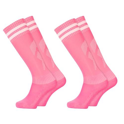 GRPSKCOS Fußball Socken Kinder, 2 Paar Fußball Stutzen Kinder Sport Jungen Mädchen Fussball Socken Kniestrümpfe Kleinkind Streifen Schule Uniform Strümpfe（#4 Rosa，6-12 Jahre von GRPSKCOS